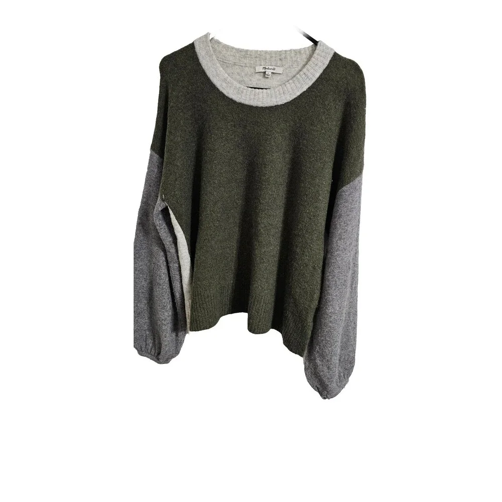 Madewell Womens Crop Sweater Large Green Gray Merino Wool‎ Blend Preppy Casual